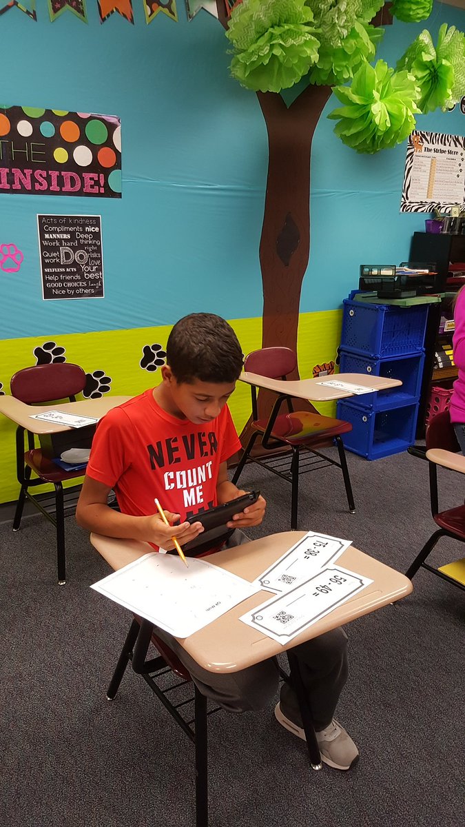 JennieDickel's tweet photo. Students using QR Codes to check our work in subtraction, while doing rotating stations. #esmsbestyearever https://t.co/KWMRN991n5