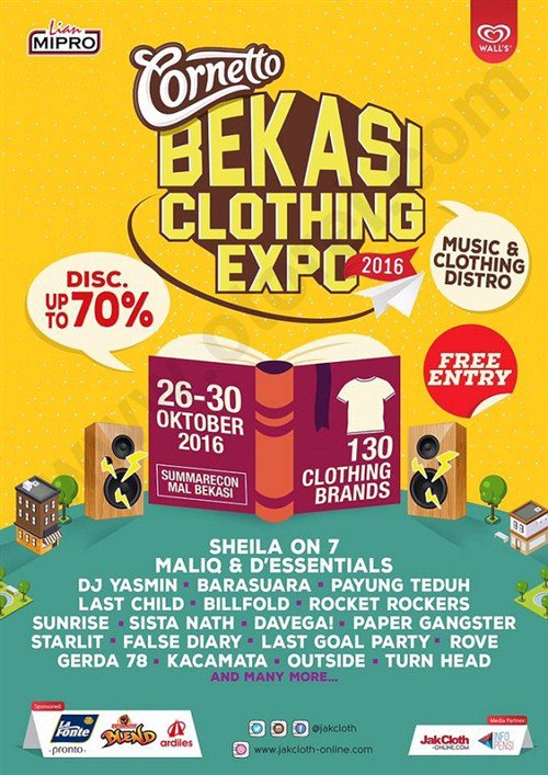 nasehat_bijak_'s tweet photo. Cornetto Bekasi Clothing Expo 2016, Music &amp; Clothing Distro | 26 – 30 Oktober | @ Summarecon Mal Bekasi | Info: @jakcloth https://t.co/juYNDzsKzj