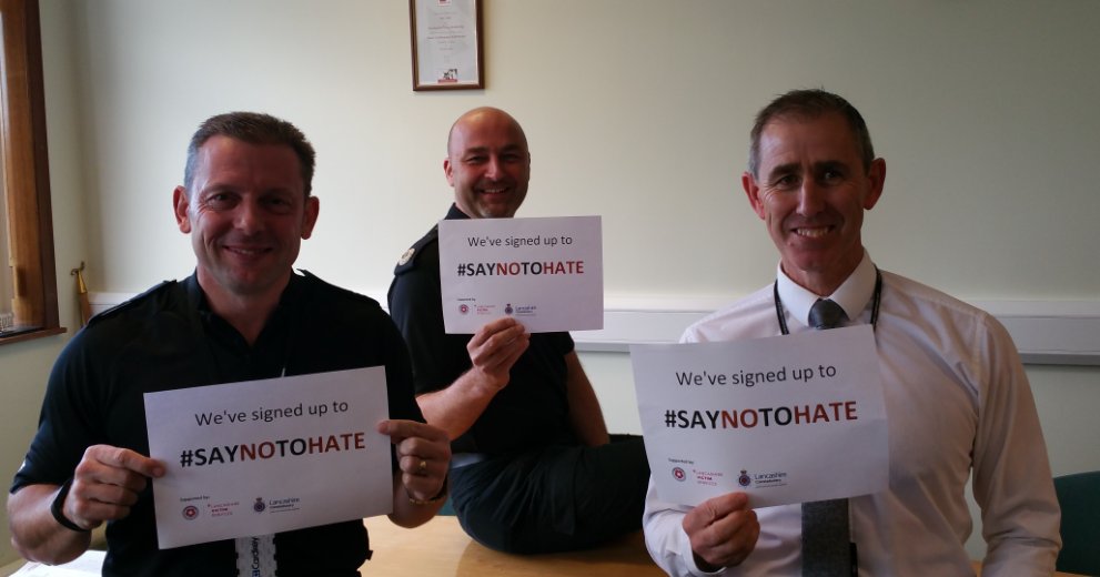 LancsPolice's tweet photo. Two of our ACCs & our director of resources, supporting this week's hate crime awareness campaign. #saynottohate https://t.co/xcRCZemwlS