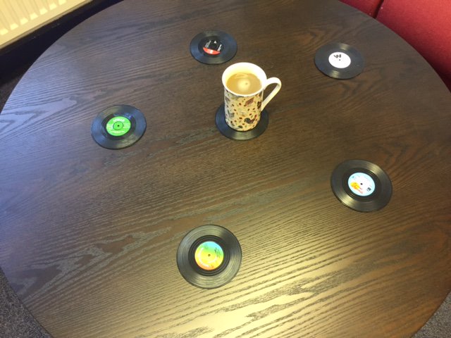PivotalSci's tweet photo. Some snap shots of our new CD coasters, how very retro! #keepingupwithgoogle #retro #officedesign https://t.co/vlAtmRk5iE