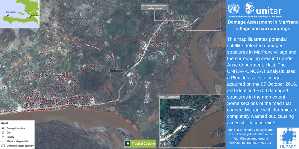 UNOSAT's tweet photo. ~700 buildings damaged in Marfranc area, Haiti after #CycloneMatthew. Road to Jeremie washed out. https://t.co/MX2xRQzLxB @DisastersChart https://t.co/LTRxadN13B