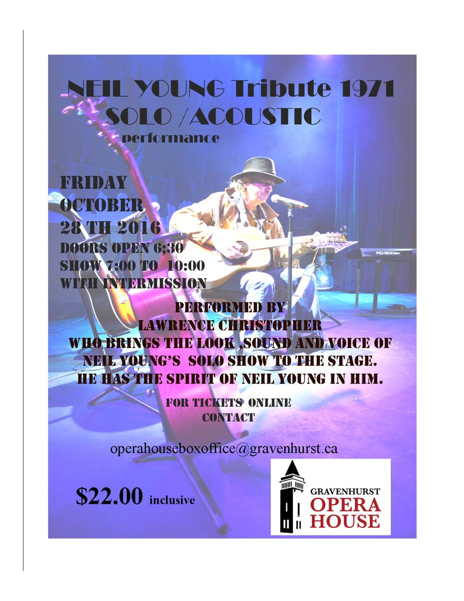 Neil Young Tribute Concert
Fri Oct 28th @ 7 PM
One person. One Instrument. One Voice.
#Gravenhurst #Muskoka
#NeilYoung #Tribute #Concert
