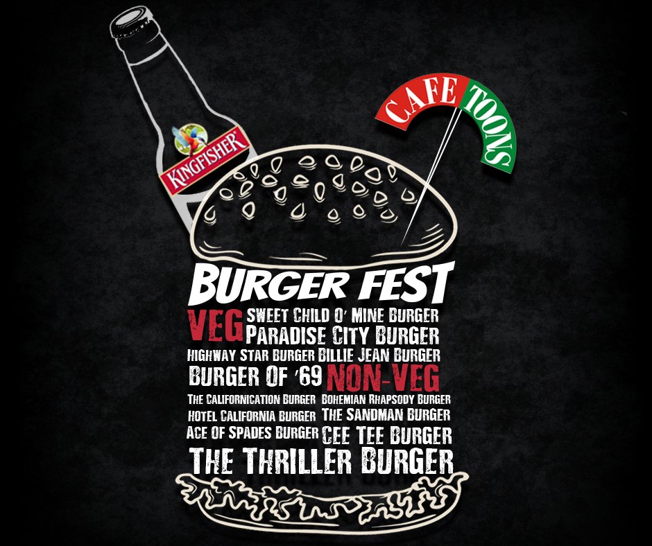 cafe_toons's tweet photo. In case you were wondering what is in store for you! Here is the burger list for the Kingfisher Cafe Toons Burger Fest!#cafetoons #festivals https://t.co/k2I8LA7dmt