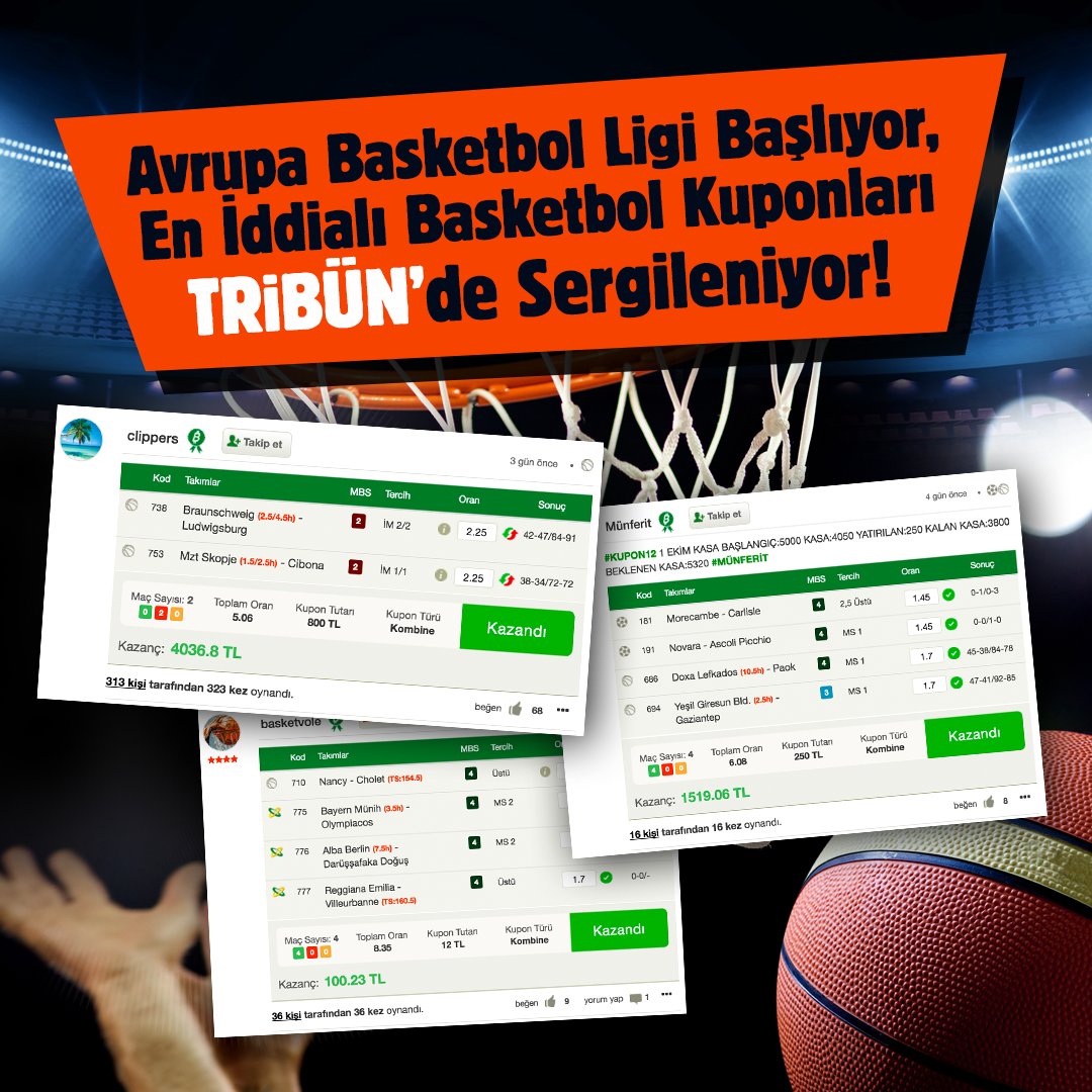 Bilyoner's tweet photo. Avrupa'da Basketbol Heyecanı bu akşam başlıyor! Sen de Tribün'e gel, en iddialı basketbol kuponlarını kaçırma!
https://t.co/dPy4dBcH9B https://t.co/yxev7F77xY