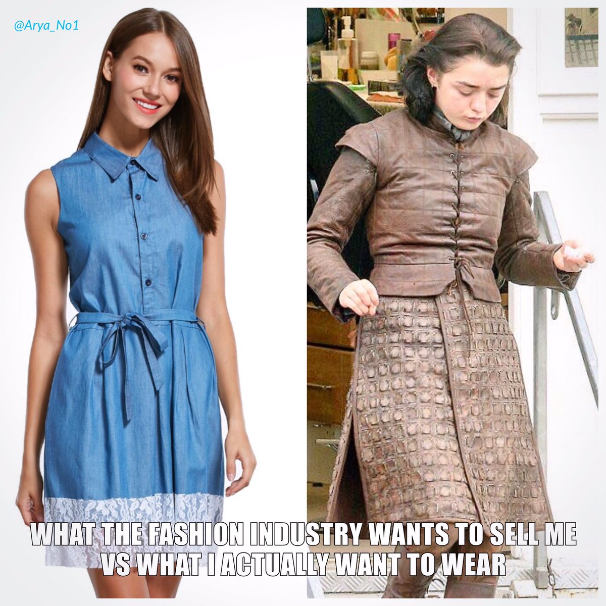 Arya_No1's tweet photo. The reason why "I've got nothing to wear" 😭 RT If you agree 😂
#GameOfThrones #Fashion https://t.co/62Owd4vB36
