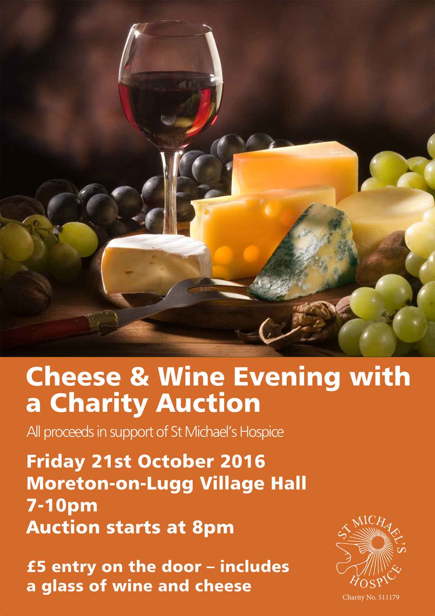 StMichaelsHosp's tweet photo. CHEESE &amp; WINE EVENING with a Charity Auction, Friday 21st October, 7-10pm! Join us: only £5 to get in, #marcheshour https://t.co/hC4dFpherx https://t.co/503Mvd5JSe