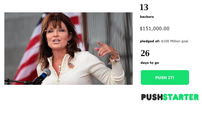 Pushst4rter's tweet photo. Back The Sarah Palin Presendential Runningship!
https://t.co/WrsgZOUYCy #USPRESIDENTIALELECTIONS #Pushstarter https://t.co/gMdf4LgU7r
