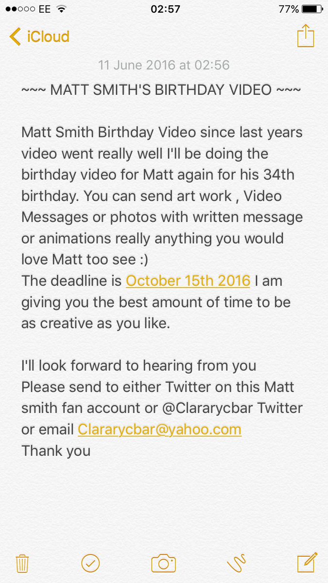 mattsmithisabae's tweet photo. Final Reminder Everyone Calling all fans #Mattsmith #MattSmithBirthdayVideo (( Please RT )) deadline 15th October https://t.co/7S3rXE4cIx