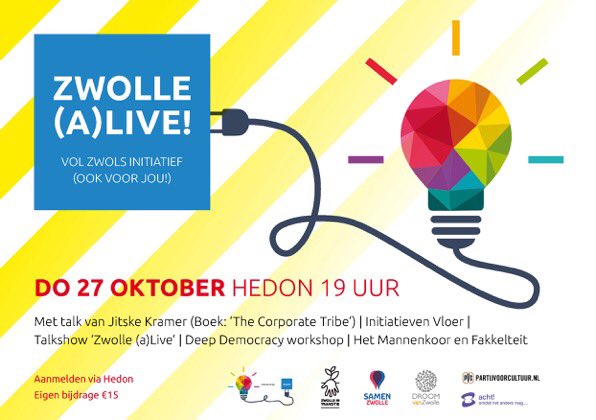 Kom ook naar Zwolle (a)Live! op 27 oktober. Echt een tof programma, oa met <a href="/jitskekramer/">Jitske Kramer</a> <a href="/Theaterzaken/">Martijn van Hese</a> <a href="/transitiezwolle/">Zwolle in Transitie</a> etc #zwollealive