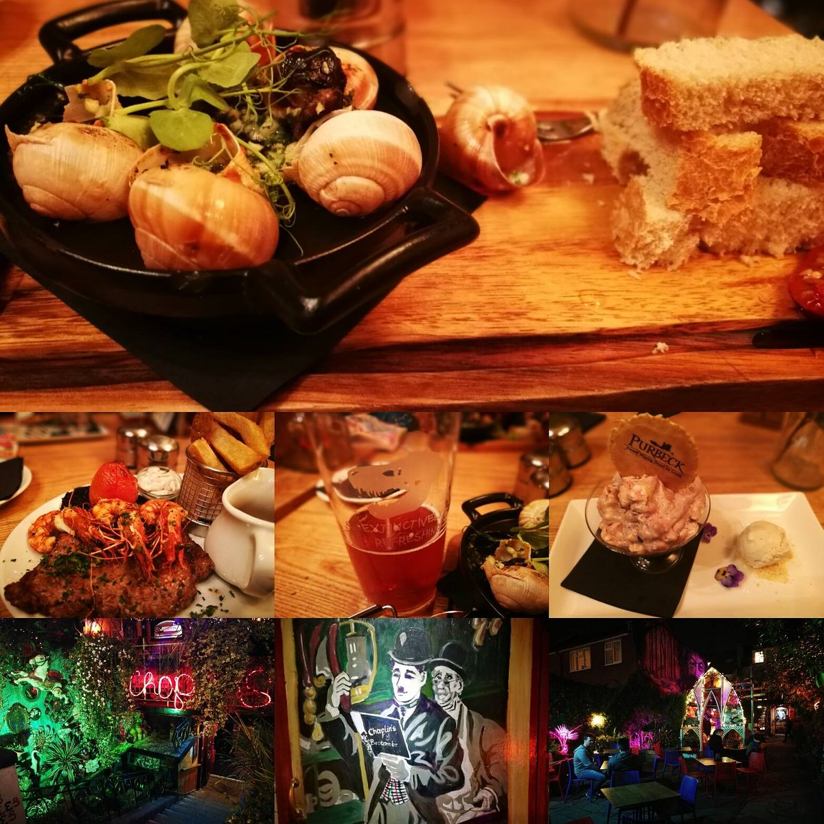Great collage of our food &amp; our award winning garden in the dark! <a href="/dorset_eye/">Dorset Eye (Independent Citizen Community Media)</a> <a href="/harrychaplins/">Harry Seccombe</a> @DorsetFoodNW @ukpubsandgrub #dorset #pub #bar