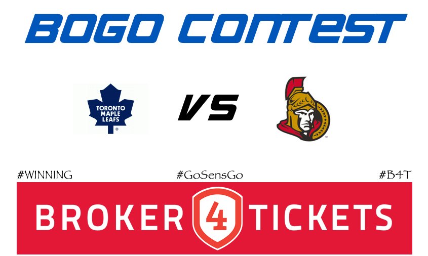 broker4tickets's tweet image. BOGO CONTEST:  : We are giving away 5 BOGO codes for tonight's @Senators home opener!  Retweet to win.  Easy eh!  Winners announced @ 2pm
