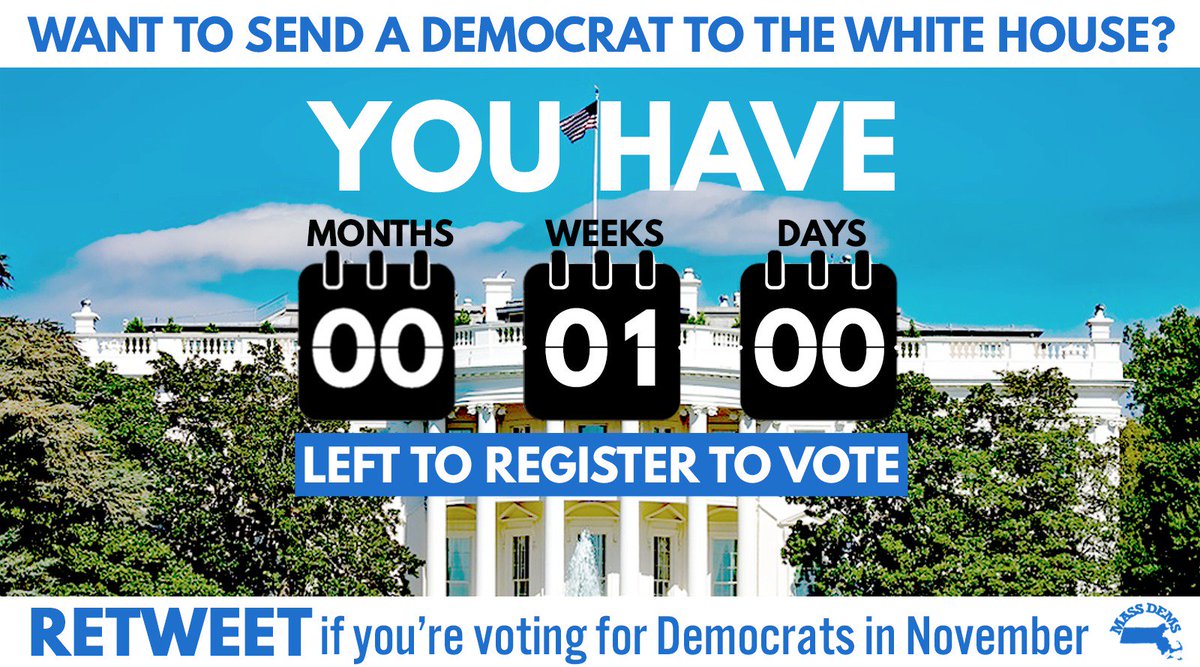 MassDems's tweet photo. Make sure you're prepared to vote! There's just 1 week left to register or update your registration. https://t.co/RS8WhMCZHF #mapoli https://t.co/iZwuxqKSbf