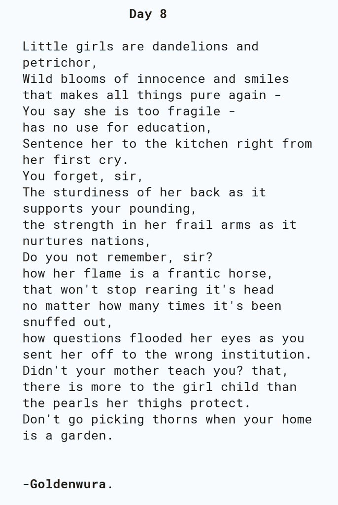 goldenwura's tweet photo. For the Girl Child on #InternationalDayoftheGirl
Day 8 of #BreakingTheBlock #30DaysWritersChallenge. โบ
#Dayofthegirlchild #GirlsBelongHere https://t.co/GDRFSWk9g9