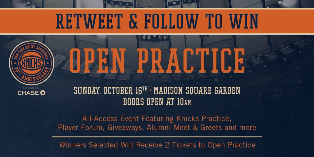 Want a chance to win 2 tix to #Knicks Open Practice on 10/16? Just RT &amp; follow to enter! NoPurNecNYNJCT18+ Rules: on.knicks.com/2cOo2Z9
