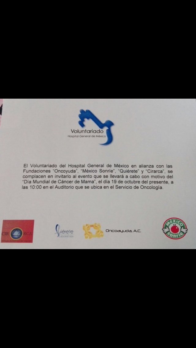 CIRARCA's tweet photo. Te esperamos el Miércoles 19 de Octubre a las 10:00 am Hospital General de México. (Auditorio Oncología). https://t.co/vcD1rWR4eQ