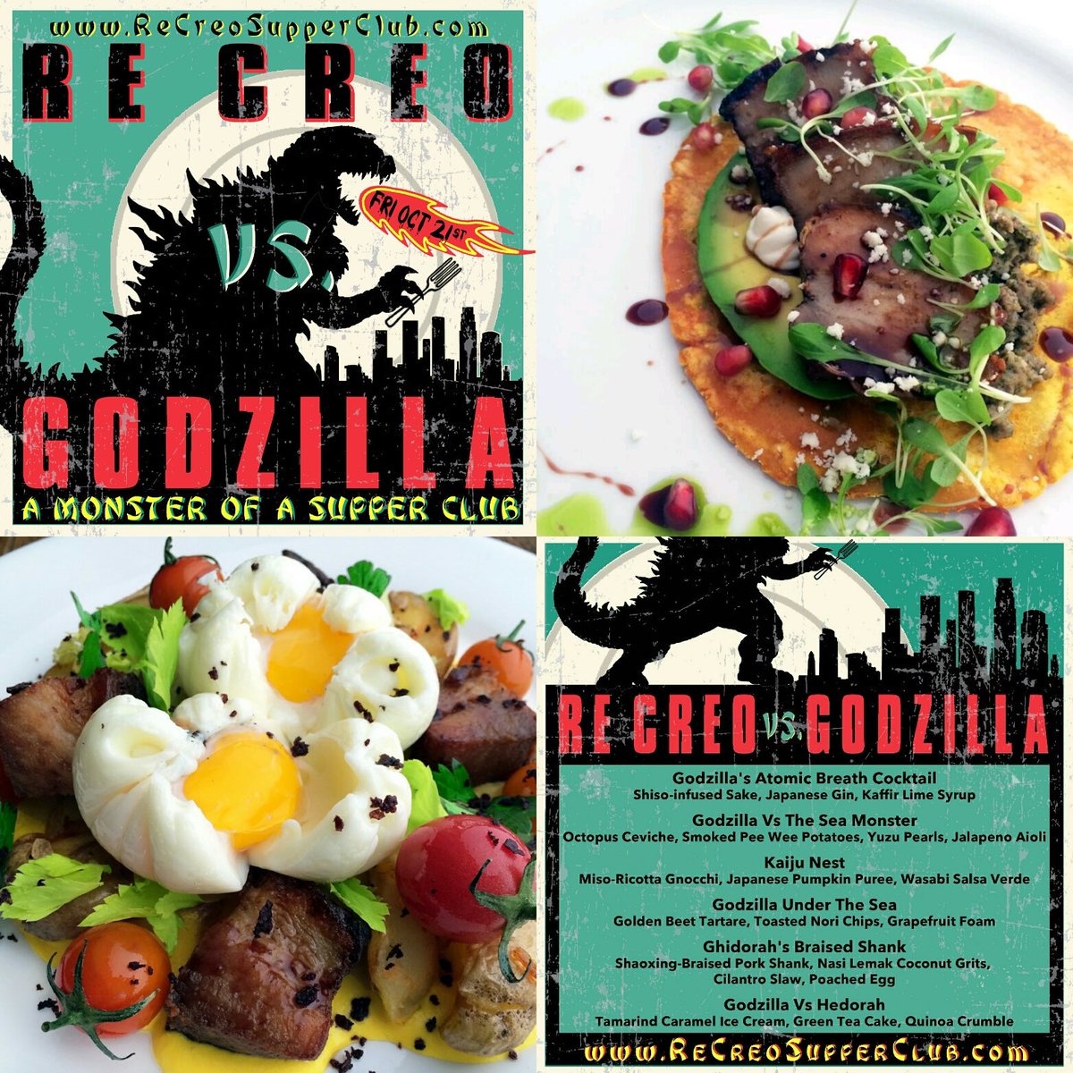 ReCreoSupper's tweet photo. Don't stomp around in hunger, get your tix for our Halloween dinner RE CREO vs GODZILLA Oct 21st 8PM.Tix at https://t.co/rUkXVY4Otp https://t.co/DnOw7E8Rzs