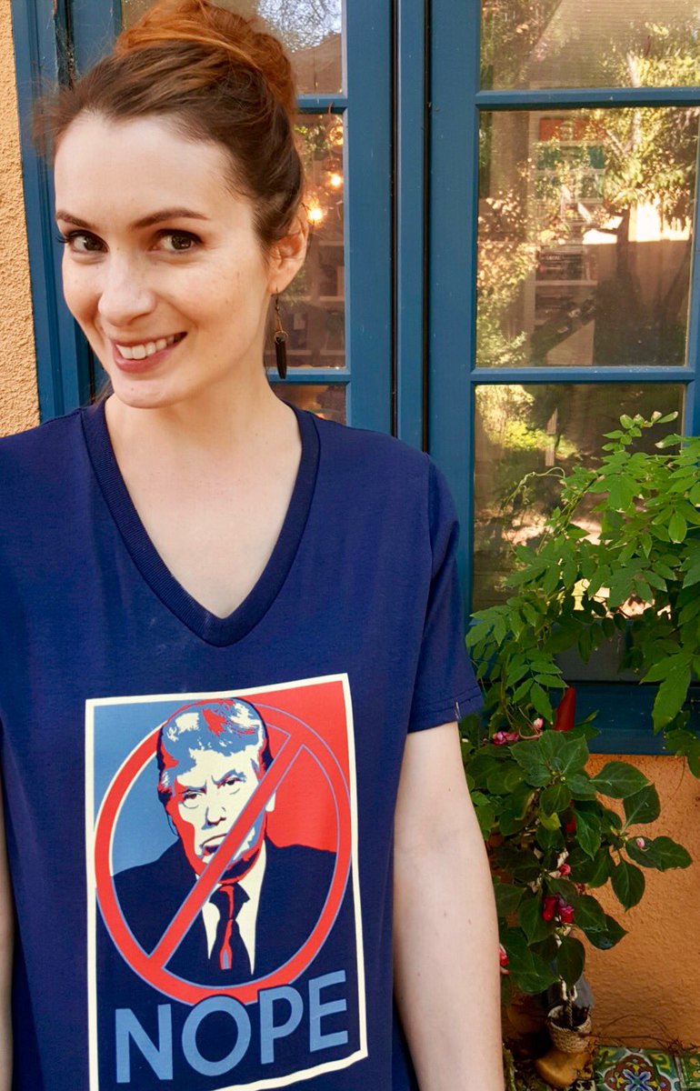 feliciaday's tweet photo. Joining @mishacollins to make a fashion statement—one that says, "I reject racism &amp; misogyny!" https://t.co/VkkP4ceZ4I  #NopeToTrump https://t.co/4Tys9Q5G4A