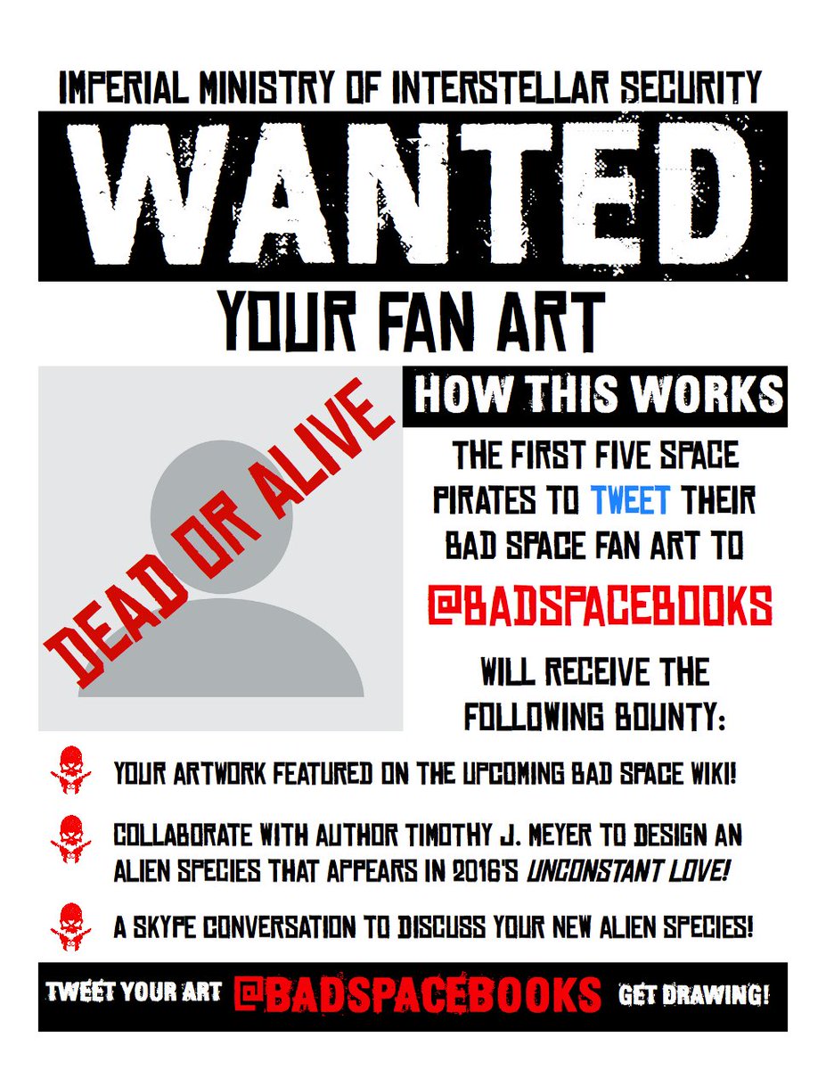 BadSpaceBooks's tweet photo. WANTED – DEAD OR ALIVE: YOUR FAN ART!
Tweet your #BadSpace fan art @BadSpaceBooks and win! https://t.co/4CAzs3bgS3