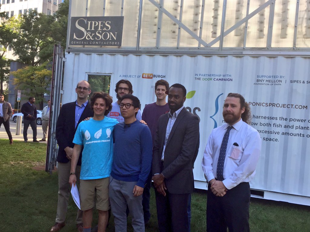 The team behind <a href="/PittAquaponics/">Aquaponics Project</a> celebrates the opening of the structure near the Gateway T station downtown. <a href="/BetaBurgh/">BetaBurgh</a> @doorcampaign
