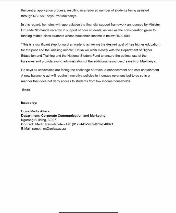 UNISA's top management has donated R10 million worth of their bonuses to the funding of student's fees.