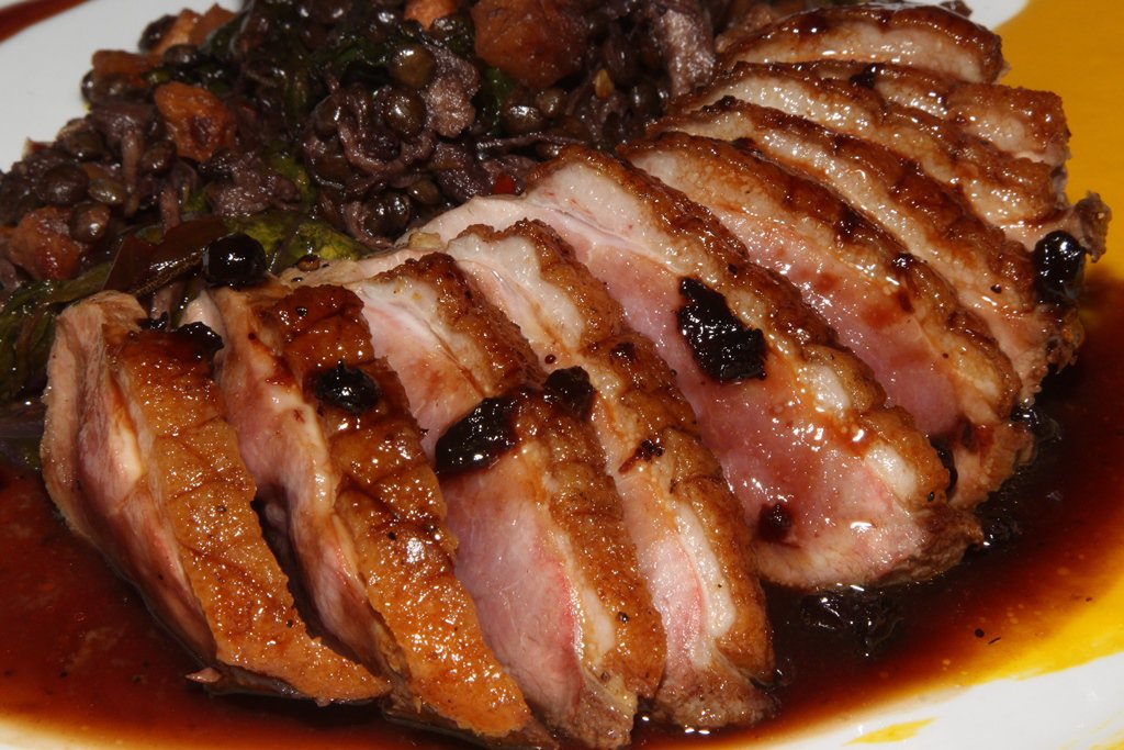 Roasted Duck Breast - confit duck,vegetable lentils,wild blueberry jus. <a href="/KingColeDucks/">King Cole Ducks</a>