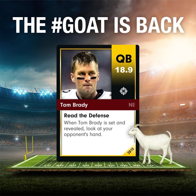 Dynasty_FB's tweet photo. Get a #FREE booster pack at https://t.co/7uBCVOCHlw to help you get the #goat 🐐 #tombrady #patriots #espn #ccg #gamedev #indiedev #indiegame https://t.co/2JXC9SX33d