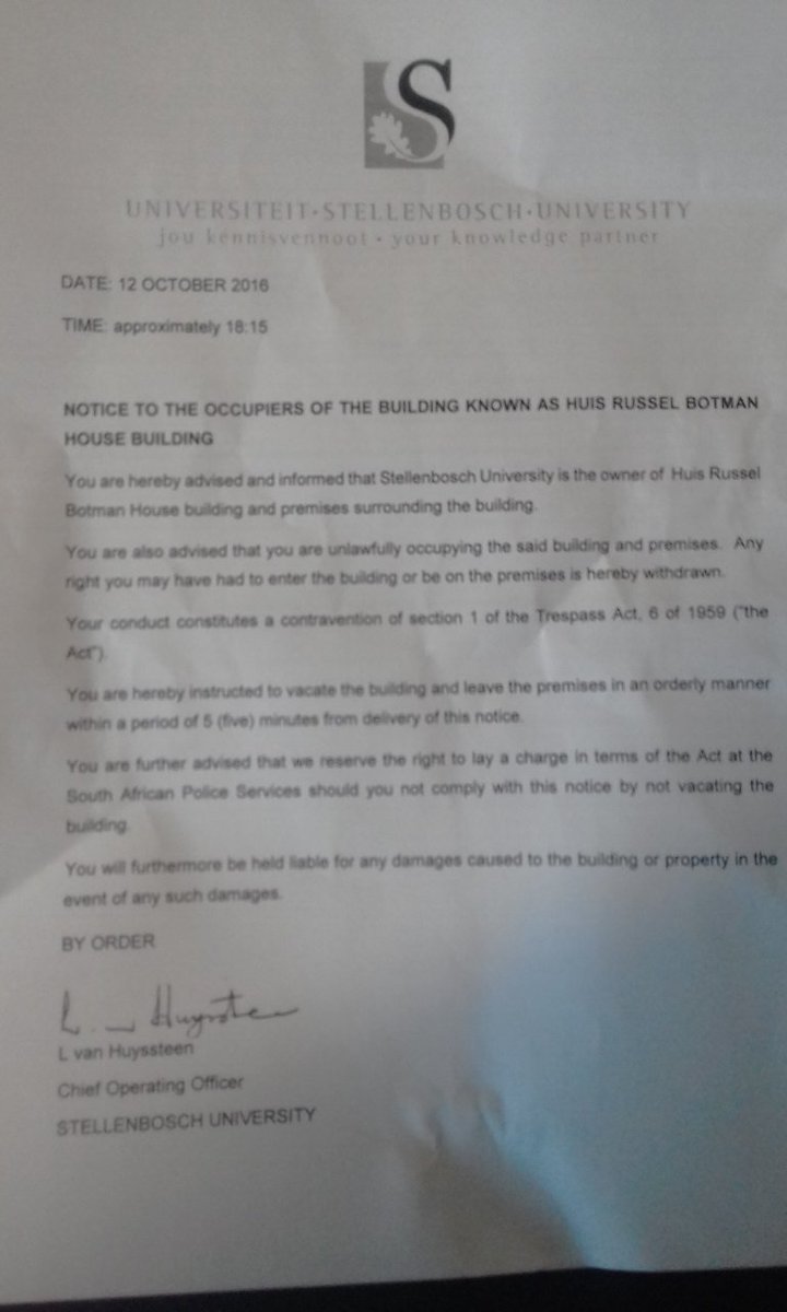 SavagexKelcy's tweet photo. Update:
Students served with a notice to vacate Huis Russel Bothman.
#FeesMustFall #SFMFDefiance #Stellenbosch https://t.co/3hQnMY3cqq