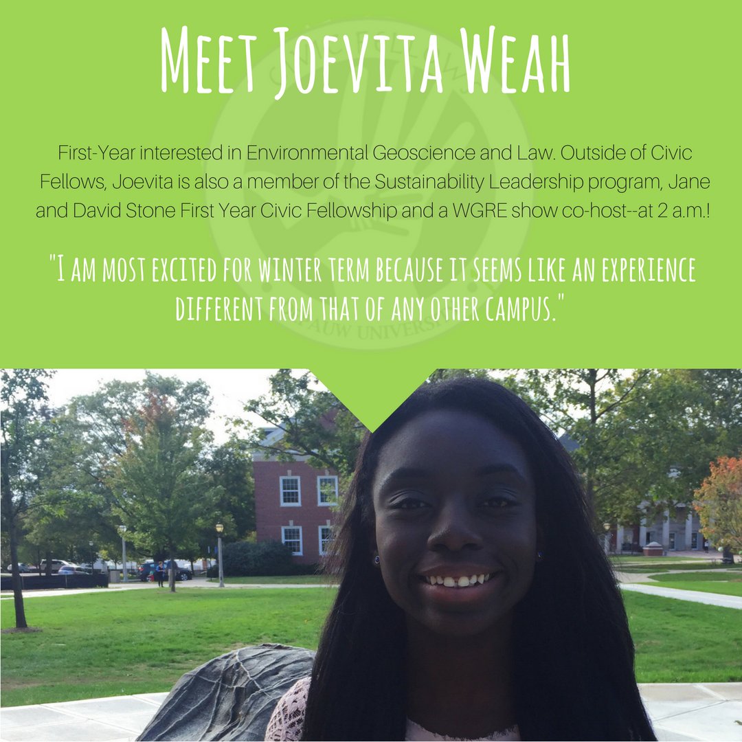 CivicFellows's tweet photo. Meet Joevita Weah! She's a first-year who is interested in Environmental Geoscience, Law, and Sustainability. Welcome to CF, Joevita! https://t.co/2bDWyBdLZz