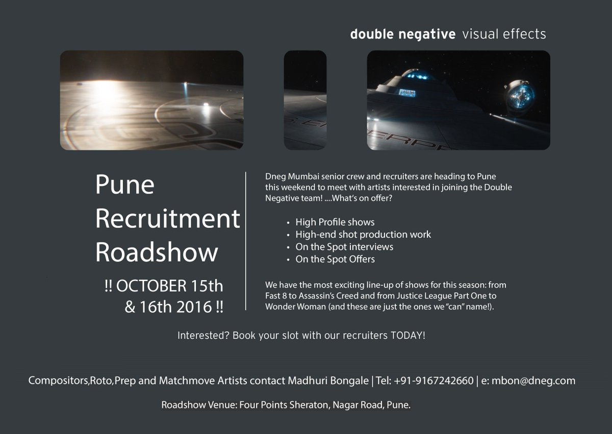 Senior crew and recruiters from Dneg Mumbai are heading to Pune this weekend, book your meet up now!