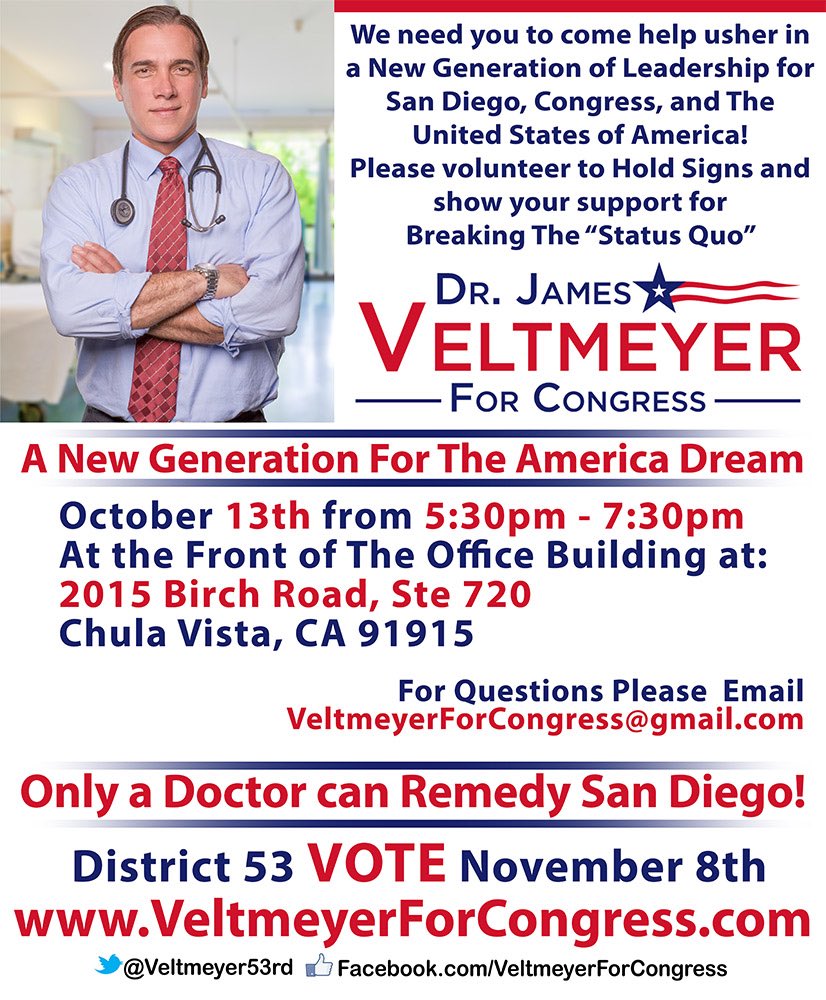veltmeyer53rd's tweet photo. Community sign waving &amp; meet &amp; greet Dr. James Veltmeyer Candidate for United States #Congress2016 for #53rdDistrict #vote2016 #CAGeneral https://t.co/EKoCYYf56I
