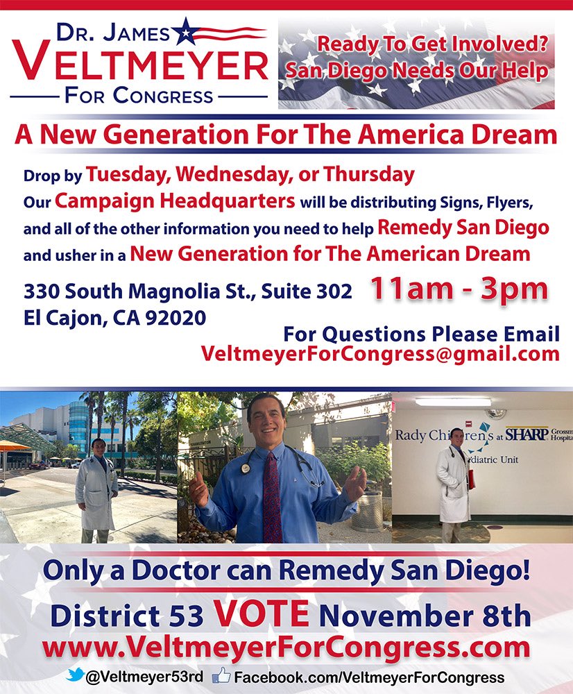 veltmeyer53rd's tweet photo. Please come visit Dr James Veltmeyer​​ Campaign Head Quarters and pick up a yard sign! #Congress2016 #CAGeneral #Vote2016 https://t.co/UP79pLXEg7
