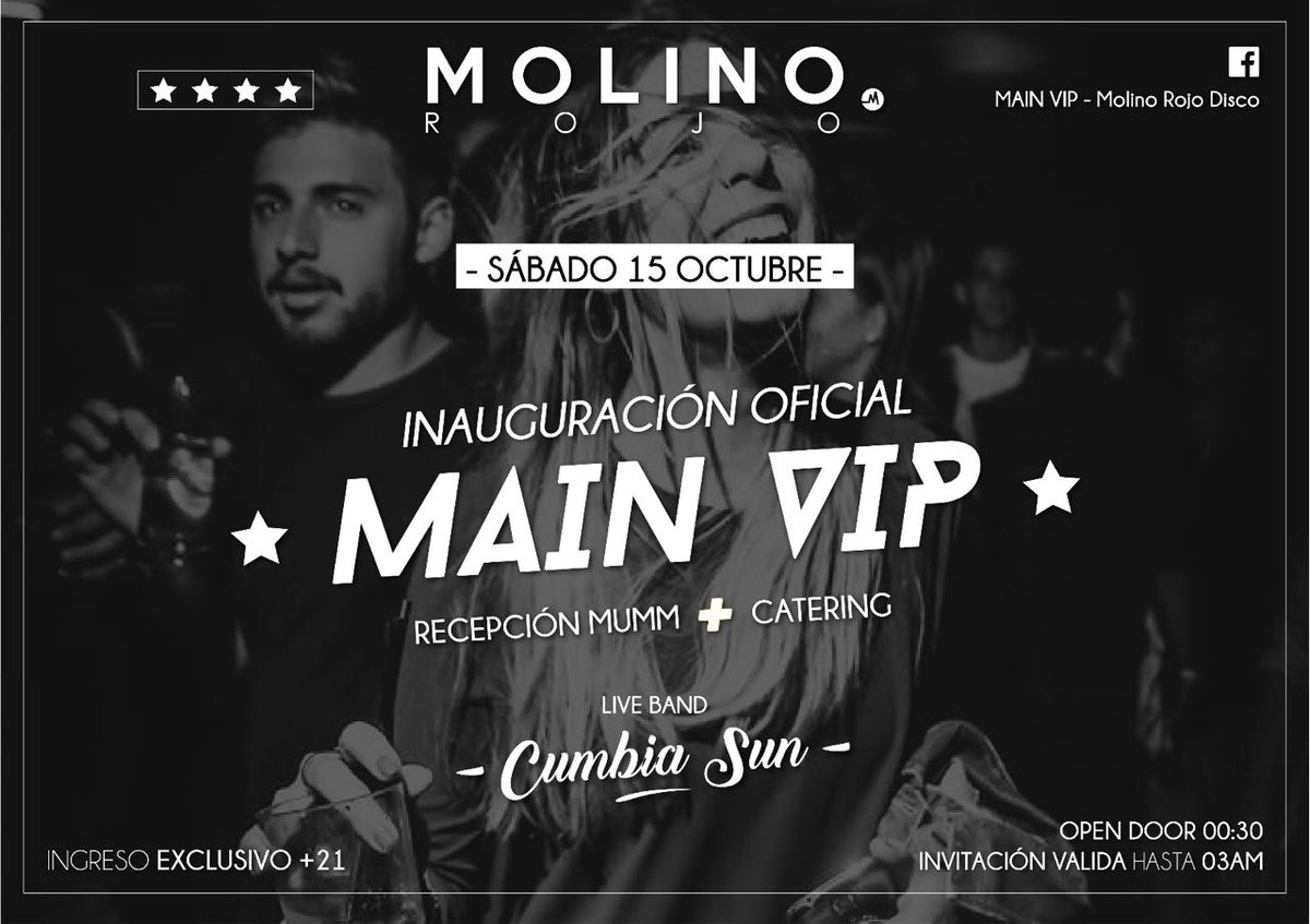 fabrimappelli's tweet photo. Sábado 15.oct, volvemos con toda, como corresponde! Ingreso con invitación especial, espacio exclusivo para mayores. #MainVip #MOLINOrojo https://t.co/y8O0sWe267