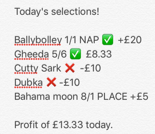 threetipsaday's tweet image. Today's performance! Not the best but still in profit! Over £300 in the last week!!💰💰💰💰💰