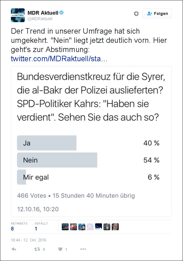 Bedb_Puetz's tweet photo. Huch! Jetzt ist auch die Stimmung in der #Umfrage von @MDRaktuell gekippt.

#Chemnitz #C0810 #Terror #Flüchtlinge #SyrerVerdientOrden https://t.co/vzHq1APBQM