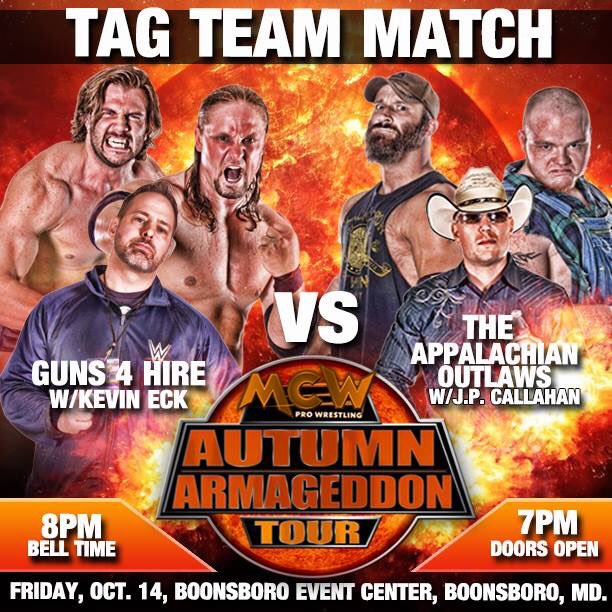 MCWWrestling's tweet photo. THIS FRIDAY Boonsboro MD
#Guns4Hire v #Outlaws
@The_KenDixon v #DrakeCarter
@RobertLockePHD v @Rayo_94
https://t.co/ldeuDovVkY for tickets! https://t.co/50aZ8dAEDC
