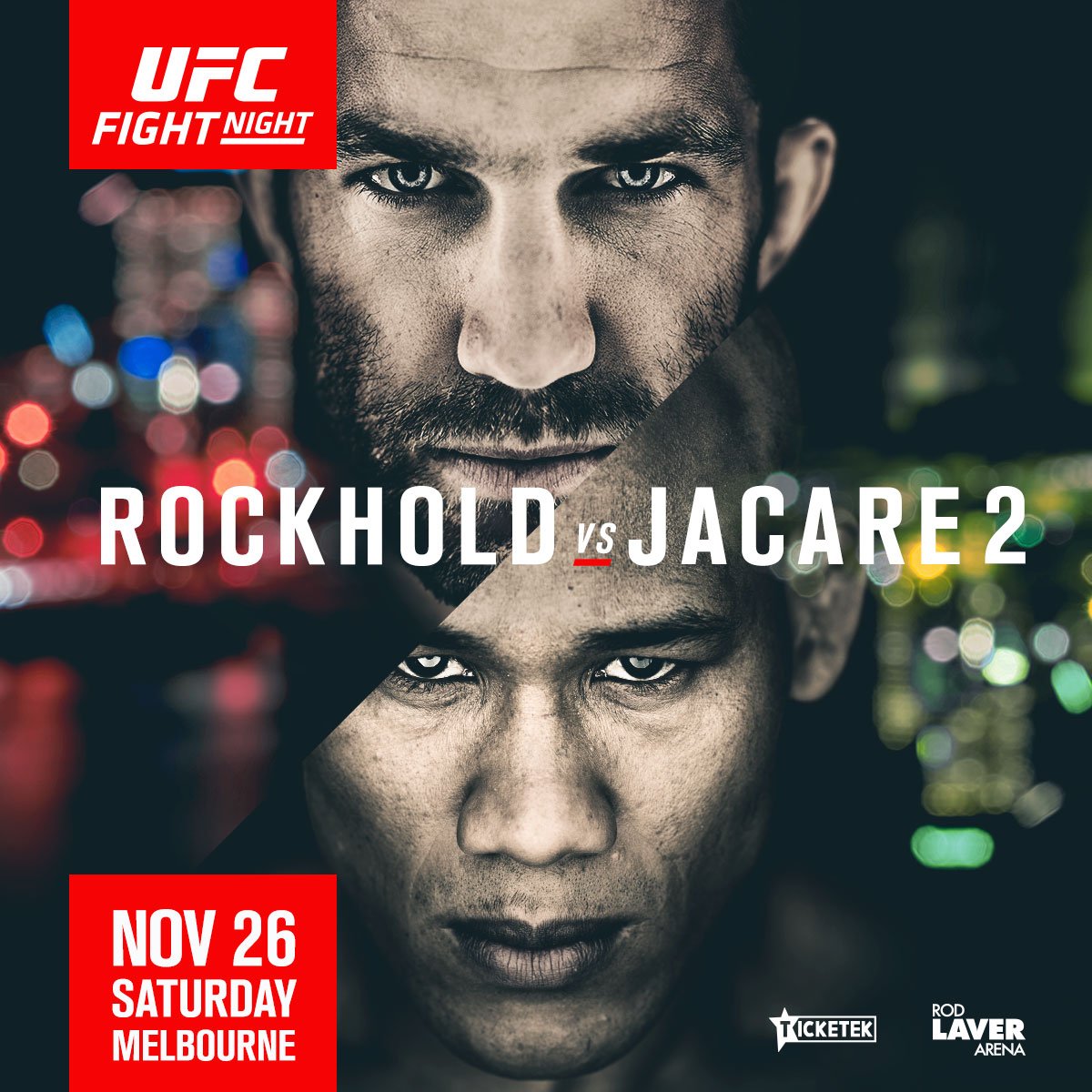 ufc's tweet image. ICYMI: The #UFCMelbourne poster is 🔥 🔥 🔥

🇺🇸 @LukeRockhold vs 🇧🇷 @JacareMMA 2 | What's your prediction?!