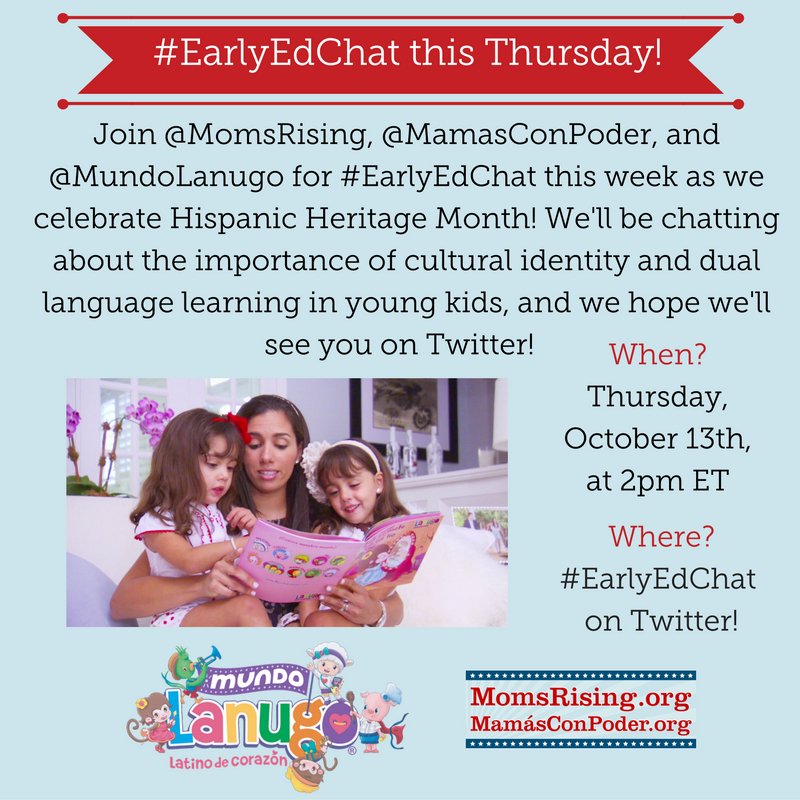 Join @MomsRising for #EarlyEdChat tmrw! The focus is on the importance of cultural identity and dual language learning to young children.