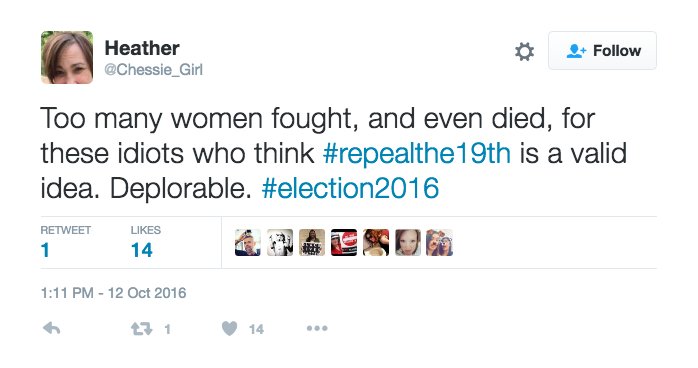 ajplus's tweet photo. Women respond to Trump supporters who want to #repealthe19th. https://t.co/lptov7yIbr