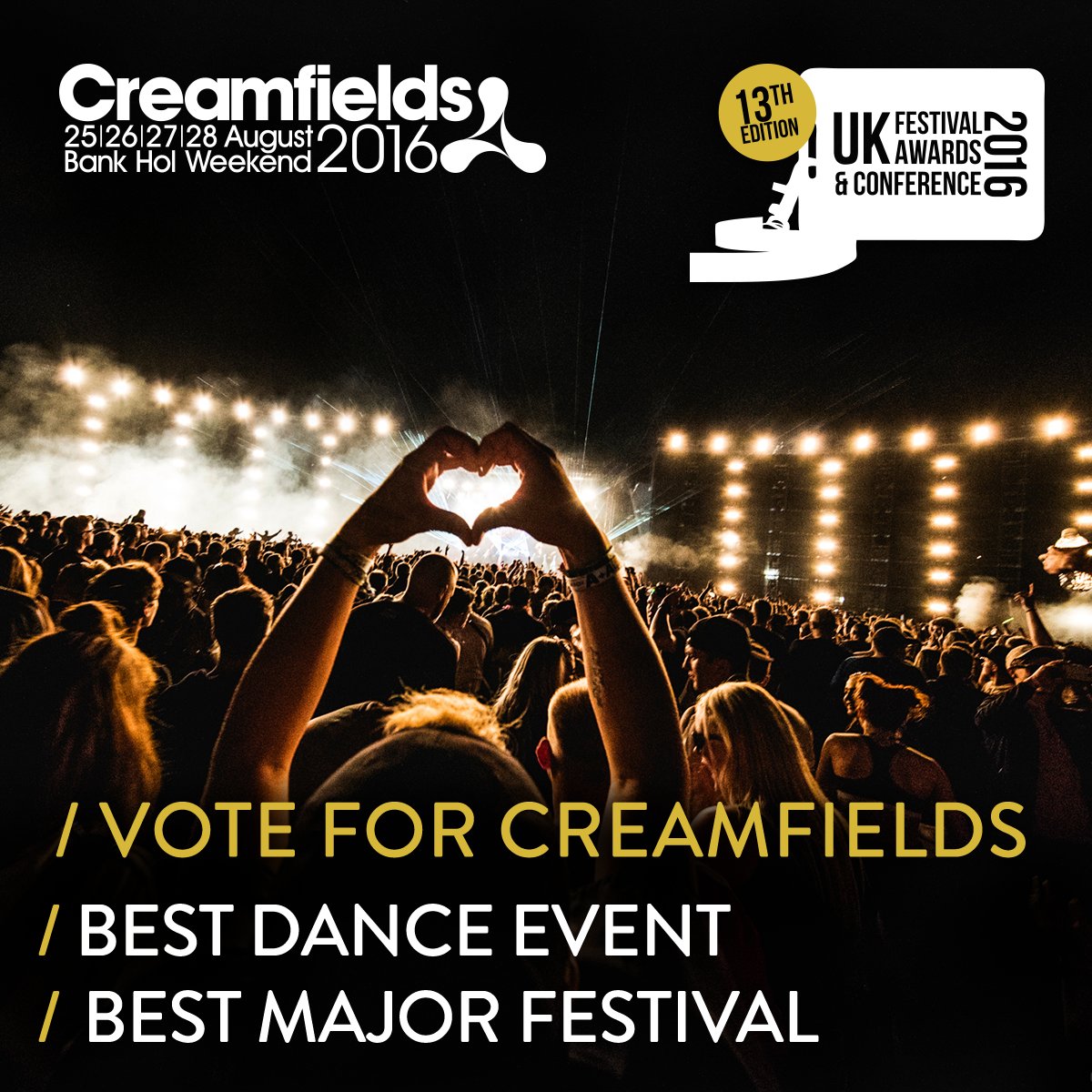 Creamfields's tweet photo. Vote for us at this years UK Festival awards #BestMajorFestival #BestDanceEvent https://t.co/qN0ac3yxFK https://t.co/MLb76ZLFOP