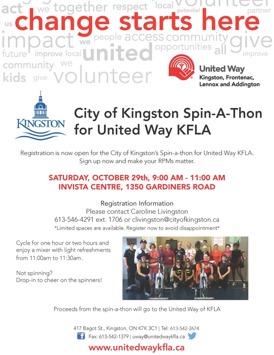 The <a href="/cityofkingston/">City of Kingston - Municipal Government</a> Spin-A-Thon takes place October 29th, 2016. Contact clivingston@cityofkingston.ca to register. Space is limited #ygk