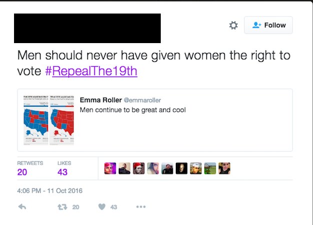 BuzzFeed's tweet photo. Trump fans are now saying they want to stop women from voting with #RepealThe19th https://t.co/qC4IgtM2JH https://t.co/VurPYJvp0x