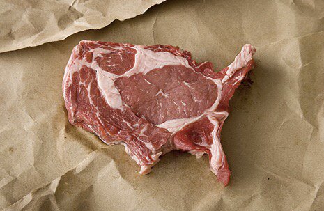 Photo of a ribeye steak cut in the shape of the United States