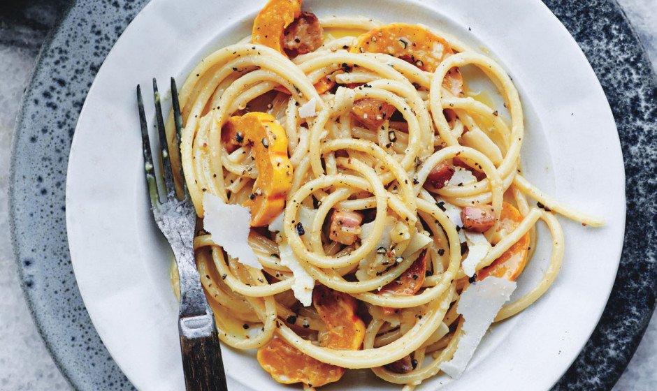 bonappetit's tweet photo. Carbonara called up squash and was like, "Hey, let's chill." https://t.co/ZSdU0cq6Kv https://t.co/pHwWOZnQZL