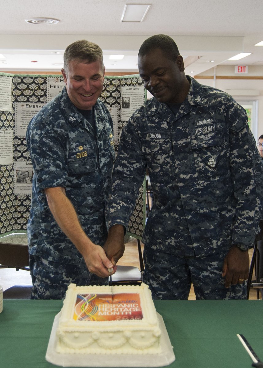 The month of October is #HispanicHeritageMonth .The CO and Sasebo Multicultural Committee VP cut a cake at the base galley for the event.