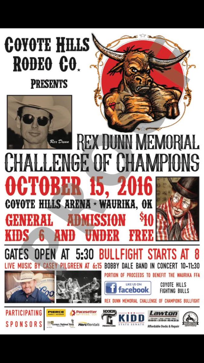 Join me this Saturday in Waurika, OK for the Rex Dunn Memorial Bullfight &amp; Concert...see you there!