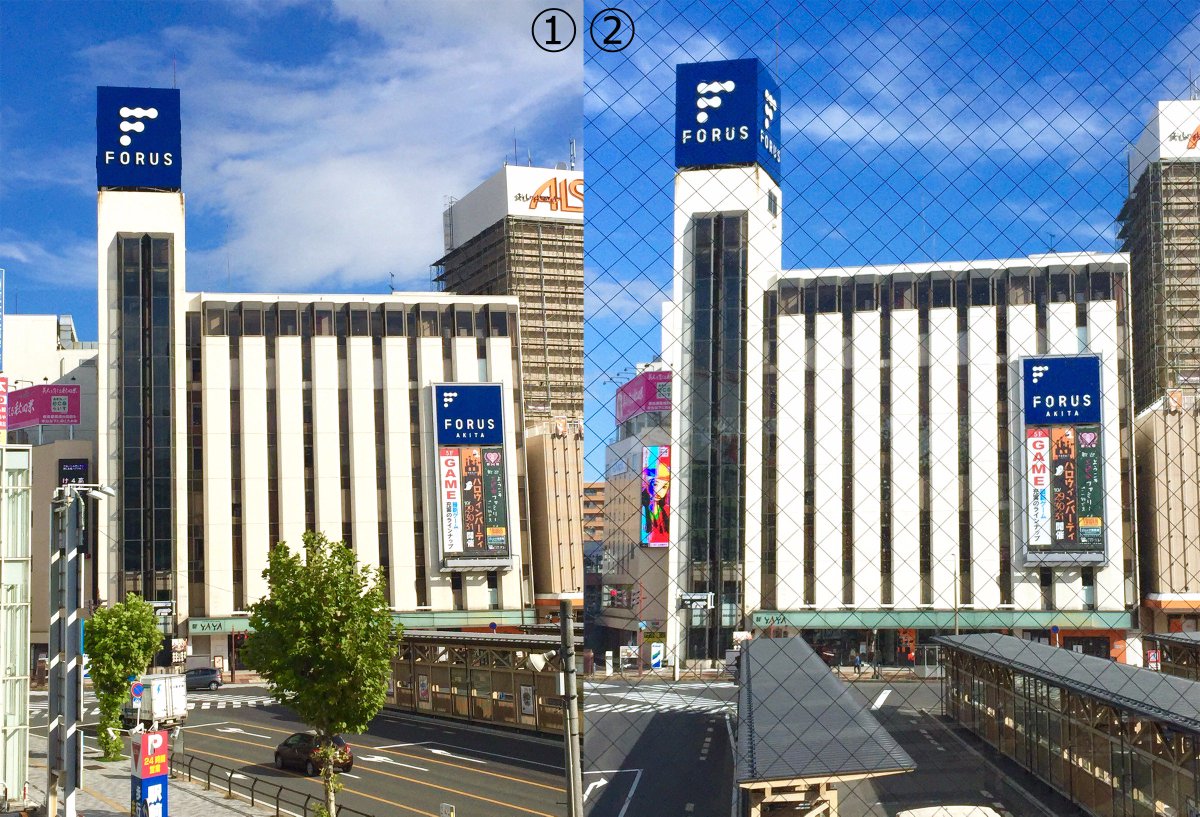 秋田オーパ 秋田フォーラス外観 懸垂幕をかっこよく撮影できるスポット フォンテさん2fポポロード方面出入り口の広場的なところ ポポロード 秋田駅タクシー乗り場付近柱近く バスターミナル6番線付近 秋田フォーラス エビ中 秋田分校