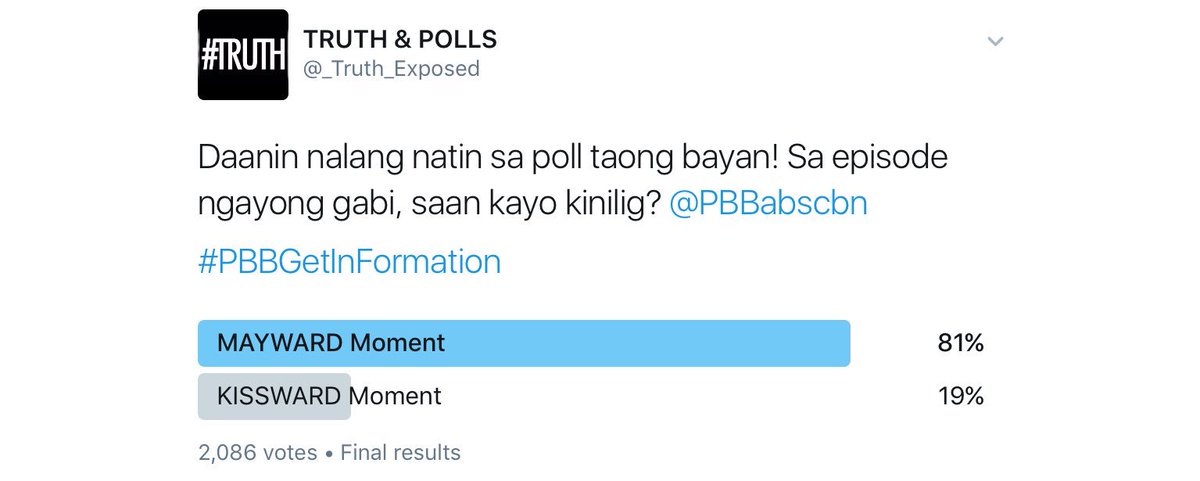 _Truth_Exposed's tweet photo. Final Results 2,086 VOTERS 👇🏻

MAYWARD MOMENT 81%
KISSWARD MOMENT 19%

@PBBabscbn @direklauren 
#PBBTrainingDay https://t.co/LdxCJ93CU8