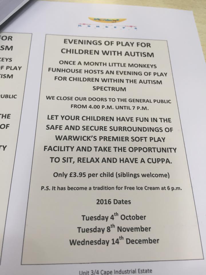 WarksFIS's tweet photo. Play session for children with Autism! Sessions run once a month at Little Monkeys Funhouse, Warwick from 4-7pm.  https://t.co/MCeFRmGcDk https://t.co/iKEaB8YcIE