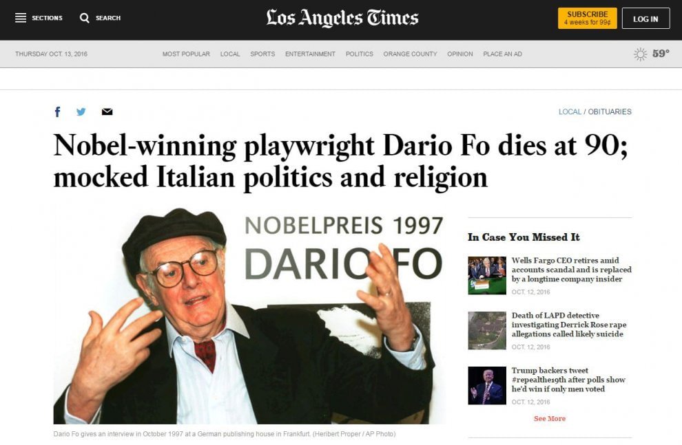 repubblica's tweet photo. #NobelPrizeLiterature laureate #DarioFo dies at 90. The tribute on the media worldwide https://t.co/5SoRnhK1z9 https://t.co/Ve667dukIq