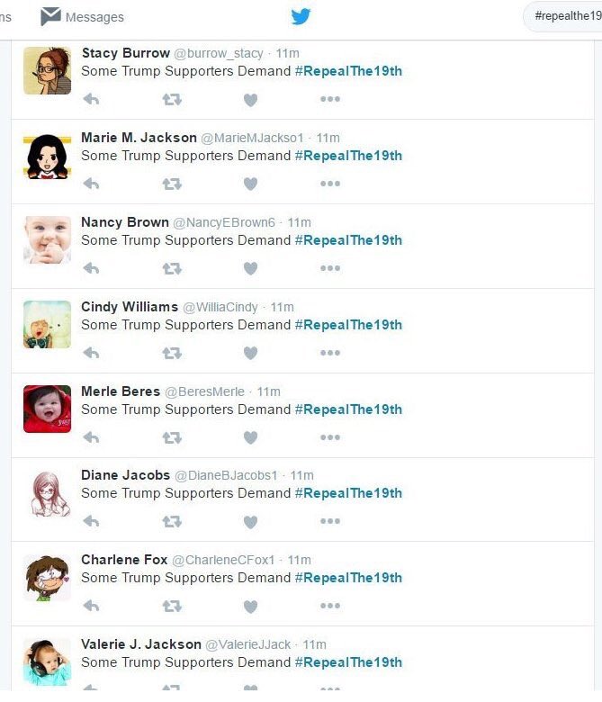 realfafguy's tweet photo. When #RepealThe19th was started by @CorrectRecord bots. 😂 https://t.co/h8A8PLUGOc